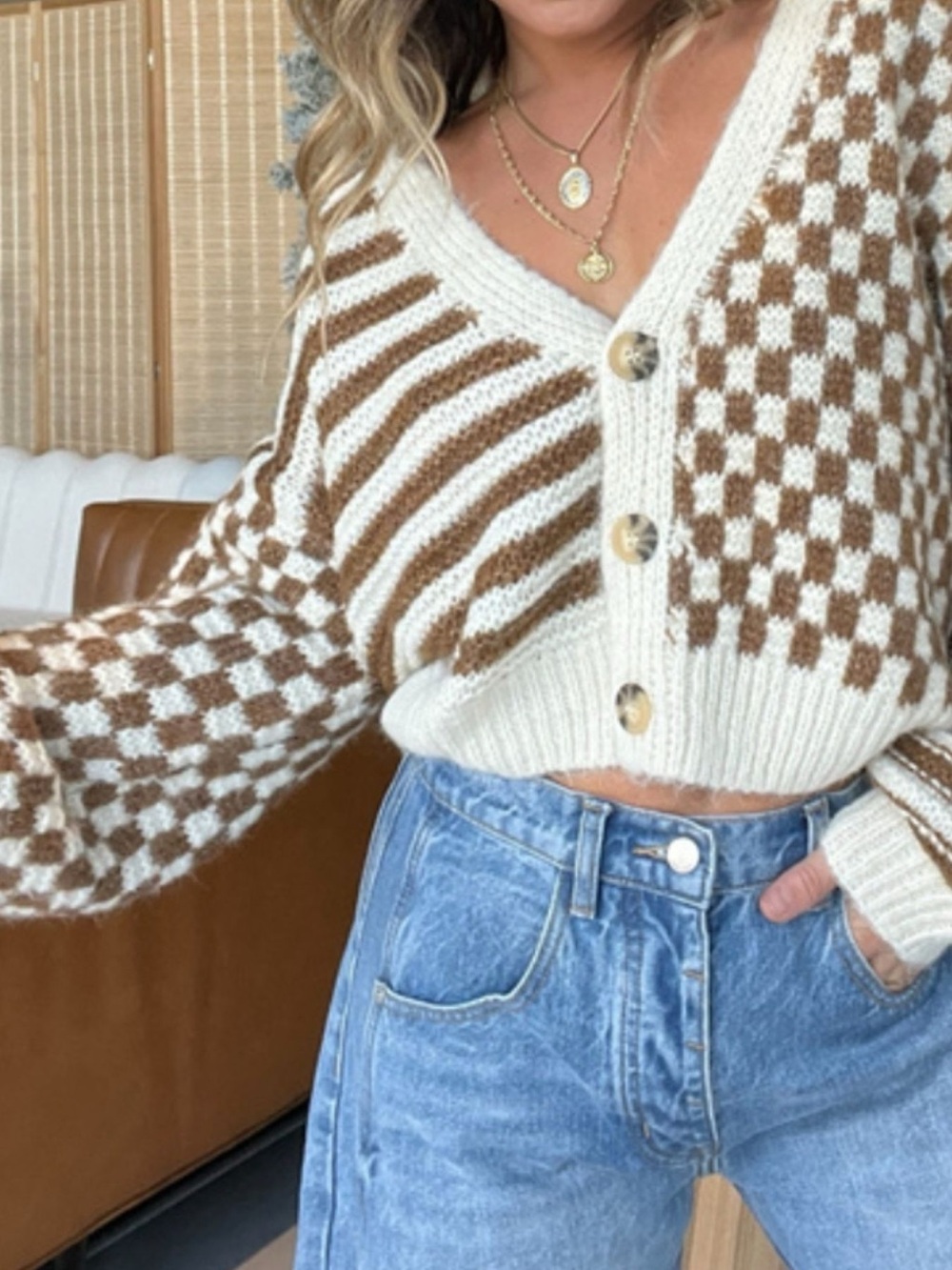 Checkered and Striped Pattern Button-Front Cropped Cardigan - Picture 2 of 6